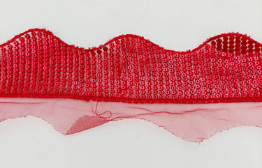Dark Red Net Scallop Lace Trim With Red Sequins, Decorative Trim, Bohemian Trim